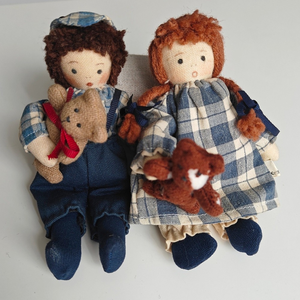 Vintage Kettell 1986 Cloth Rag Dolls Handmade Boy Girl Set Teddy Bear Blue Plaid